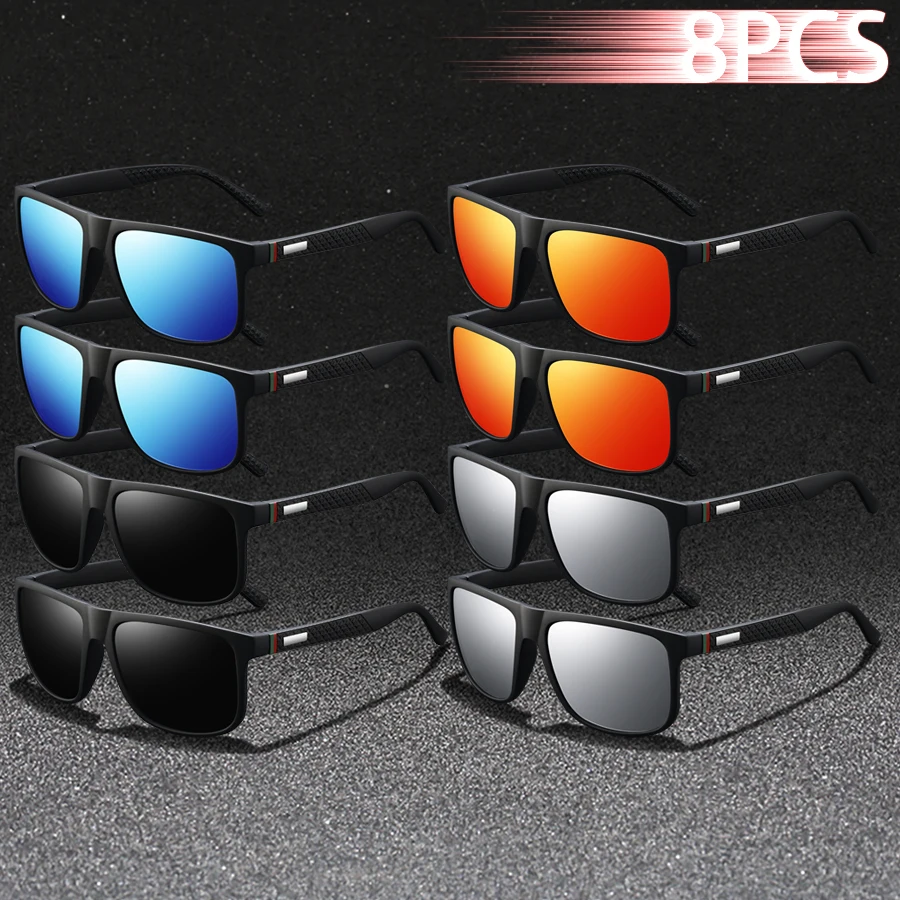 8 pezzi moda classica quadrata UV400 occhiali da sole uomo donna guida pesca occhiali da esterno leggeri alla moda colorati