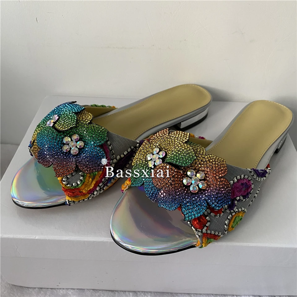 Embroidery Air Mesh Flat Heel Slippers Women Colorful Diamond Rhinestone Flower Decor Slim Summer Mules For Girls