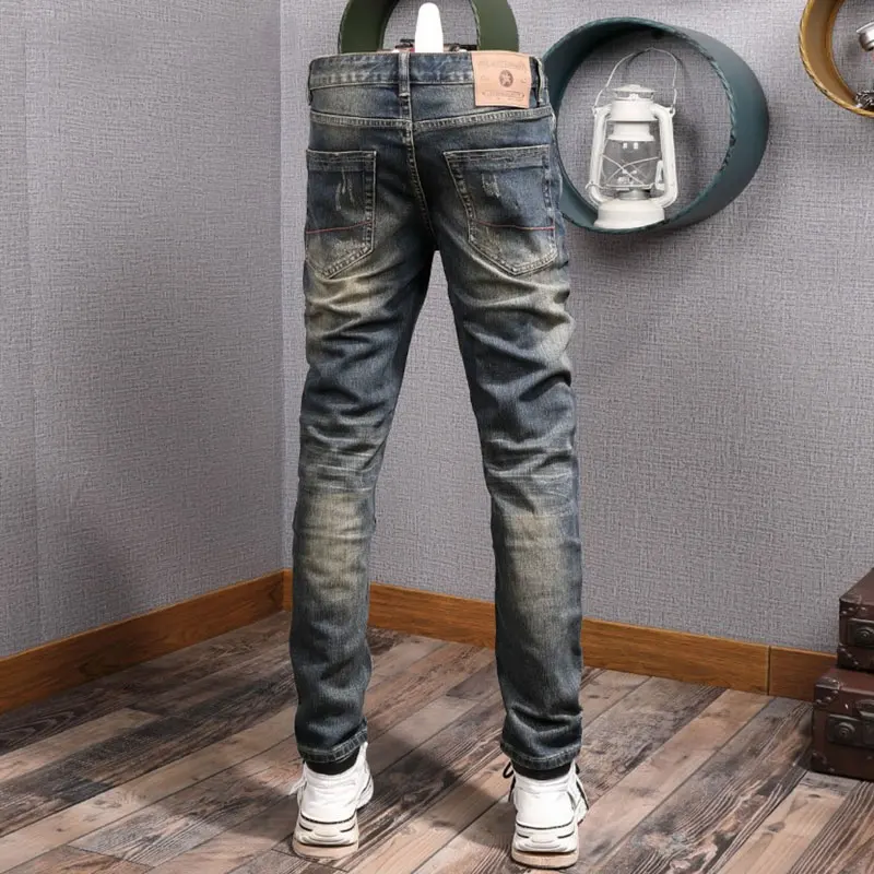 Newly Designer Fashion Men Jeans High Quality Retro Washed Blue Stretch Slim Fit Ripped Jeans Men Vintage Casual Denim Pants