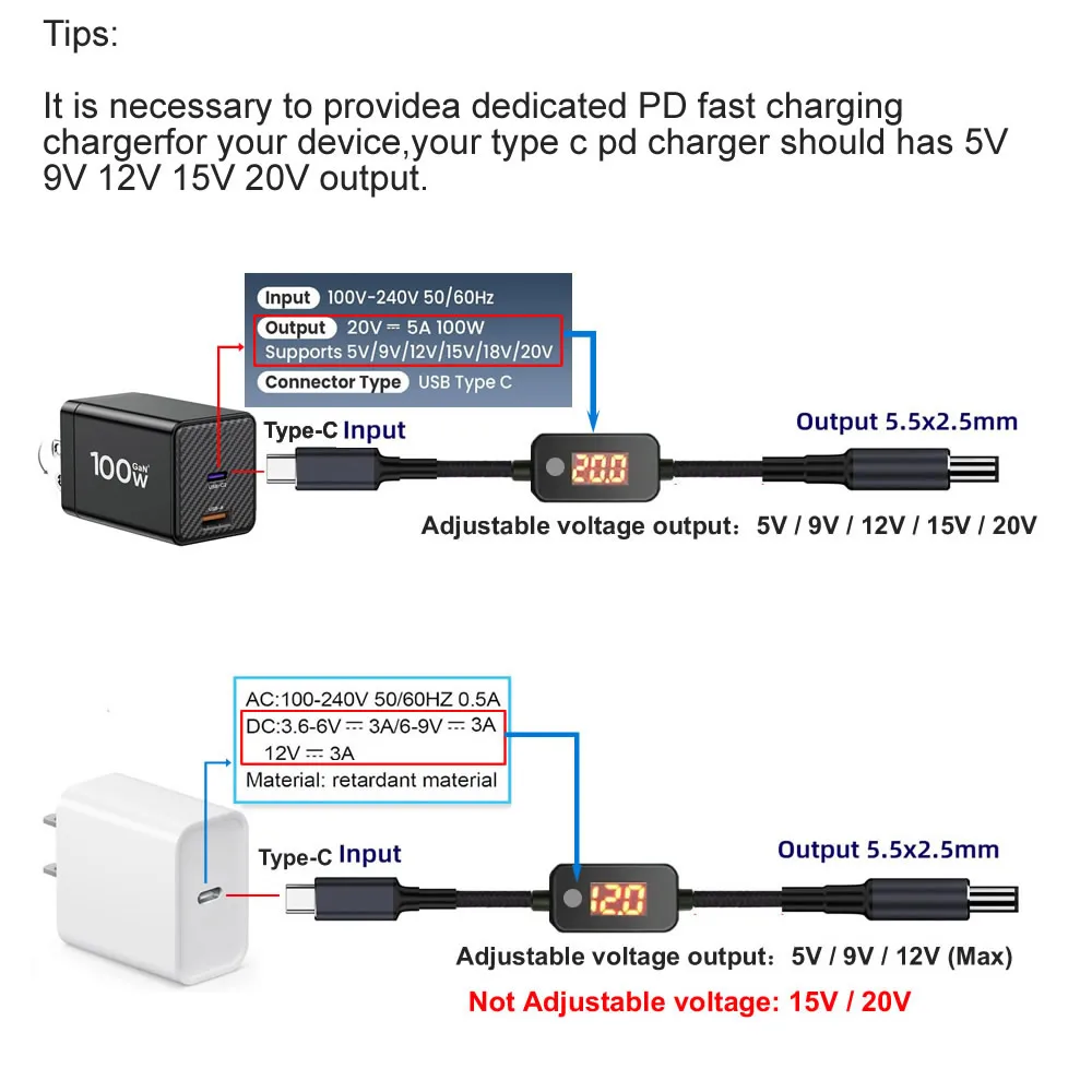 USB-C to 2 Dual DC 5.5x2.5mm Plug Adapter Cable 5V-20V Type-C PD Charging Cord for Laptop LCD Cine Broadcast Radio TV Camera