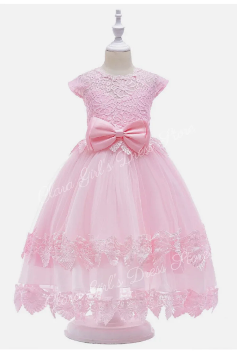 Modieuze lange kanten bruiloft prinses bloemenmeisje jurk met strik, geschikt voor feesten, bruiloften en communie; aanpasbaar