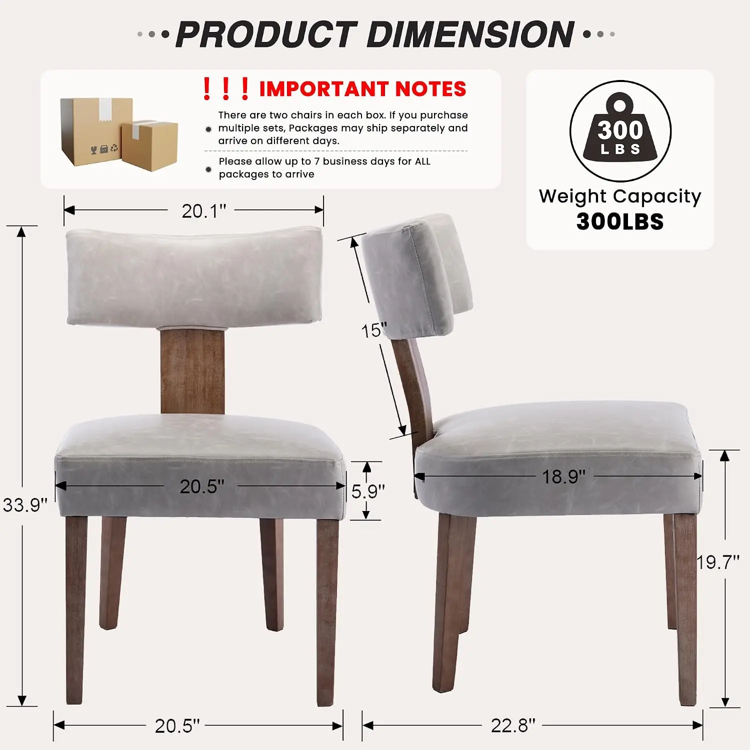 Mid Century Dining Chair 2pcs, PU Leather Upholstered Accent Chair Curved Backrest Kitchen Hardwood Frame Grey, Customized