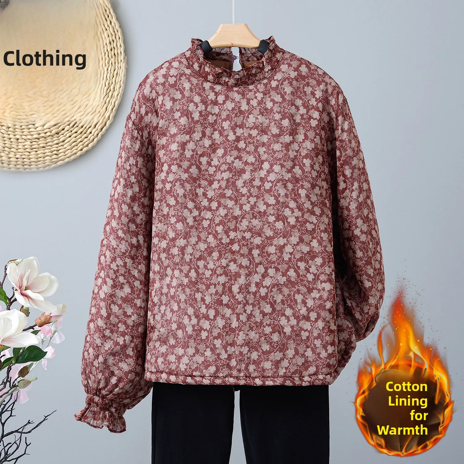 

Elegant Double Layer Silk Print Top with Mushroom Collar Versatile Long Sleeve Autumn Winter Fashion Ladies' Shirt