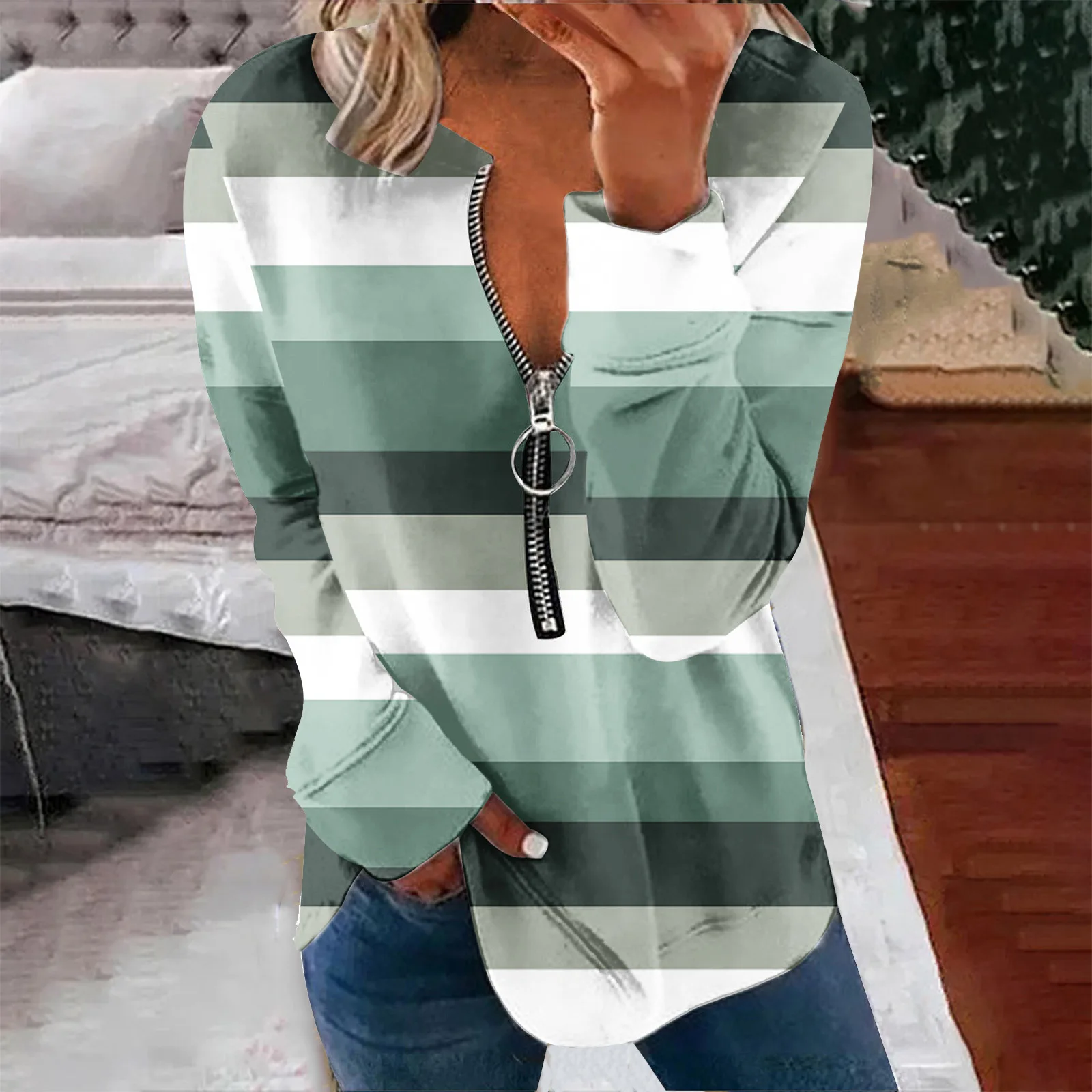 Women's Pullover Sweatshirt Ribbed Zipper Multicolor Printed Half Open Collar Fashion Casual Sweater Outdoor Daily Autumn Tops