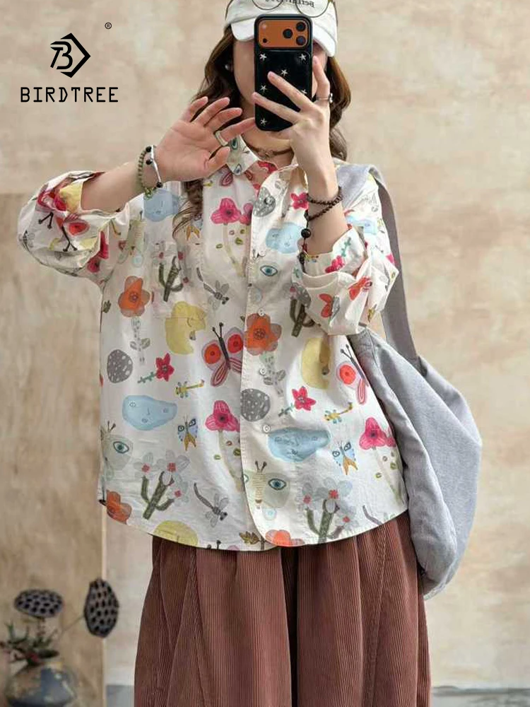 

New 2026 Spring Women Cotton Long Sleeve Shirt, Turn-down Collar Cartoon Print, Mori Girl OL Fashion INS Loose Blouse T62159CC