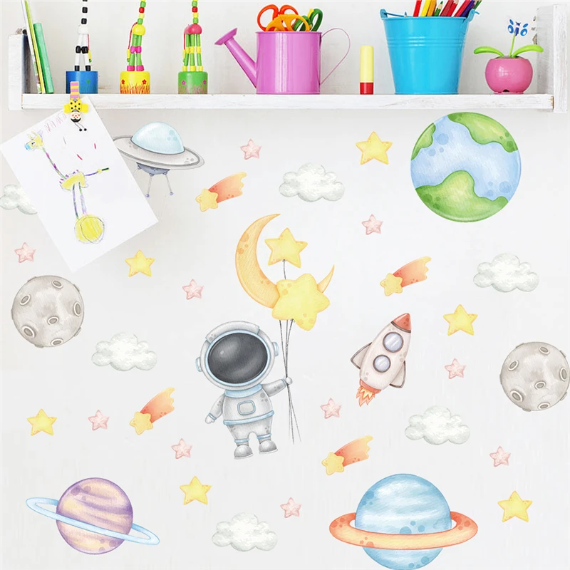 Cartoon Baby Astronaut Exploring Space Wall Stickers For Home Decoration Diy Nursery Mural Art Diy Kids Bedroom Decal Pvc Poster