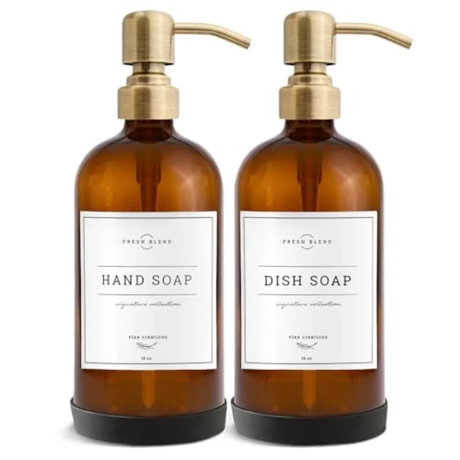 

Amber Glass Soap Dispenser 2 Pack Kitchen Soap Dispenser Set with Stainless Steel Pump 16 oz Dish Soap and Hand Soap Dispensers