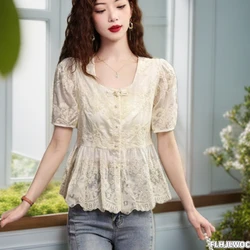 Embroidery Cute Chic Tops Hot Women Summer Korea Japan Style Design Slim Waist Peplum Button Shirt Blouse FLHJLWOC Vintage