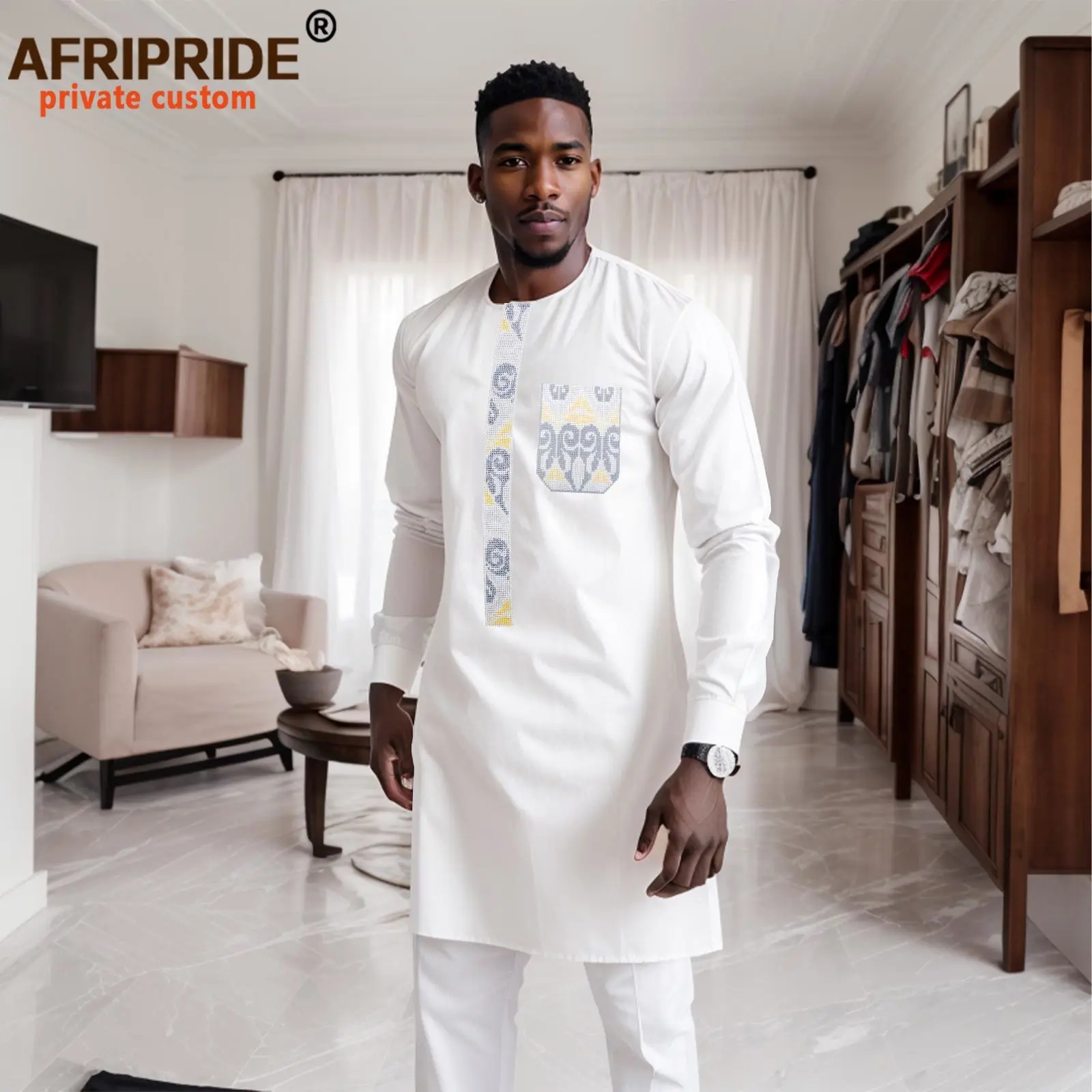 African Traditional Clothing for Men Embroidered Shirts and Ankara Pants 2 Piece Set Suit Boubou Tracksuit Outfits A2316096