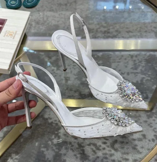 

Crystal Baotou Sandals 2025 New Water Diamond Straight Line with Pointed High Heels Sexy Single Shoes White Wedding Shoes