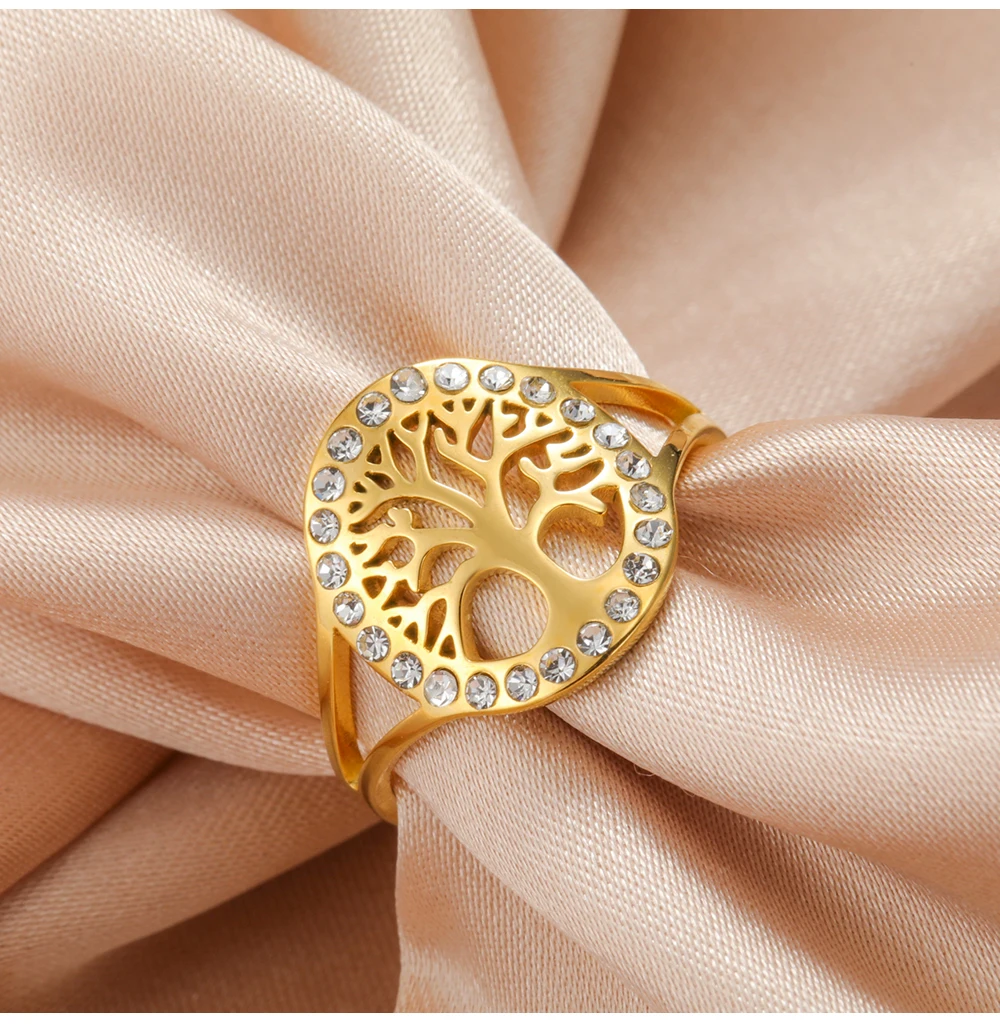 COOLTIME Baum des Lebens Klarer Zirkon Ring Edelstahl Verstellbar Damen Amulett Fingerringe Schmuck Geschenk – Detail 10