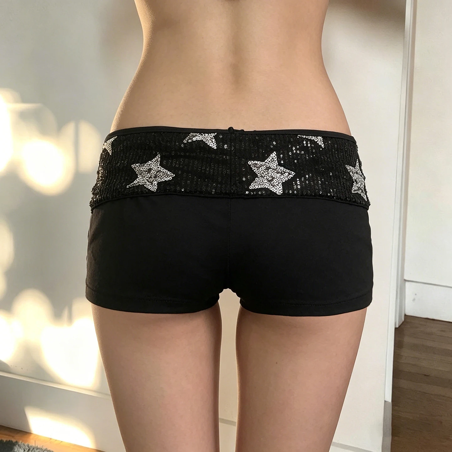 Casual Fashion Geometry Sequins Patchwork Micro Shorts Women's Fold Waist Black Straight Leg Knitte Mini Bottoms Summer Homewear