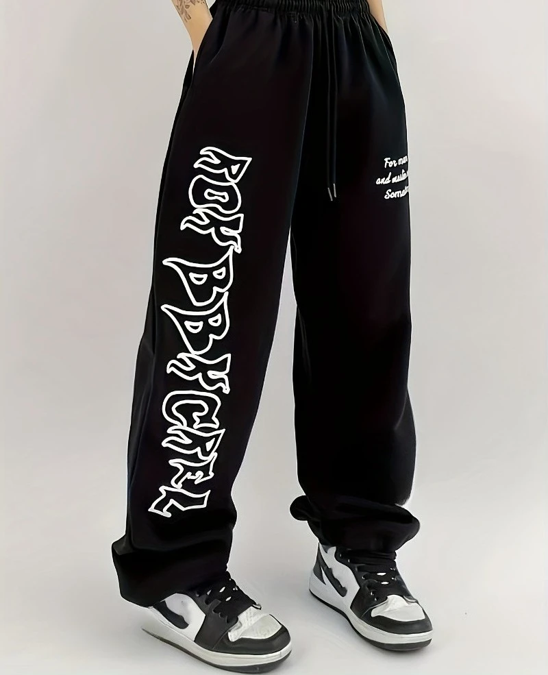 

Letter Print Casual Sporty Pants, Loose Fit Drawstring Elastic Waist Sports Trousers, Women's Activewear Comfortable 280g