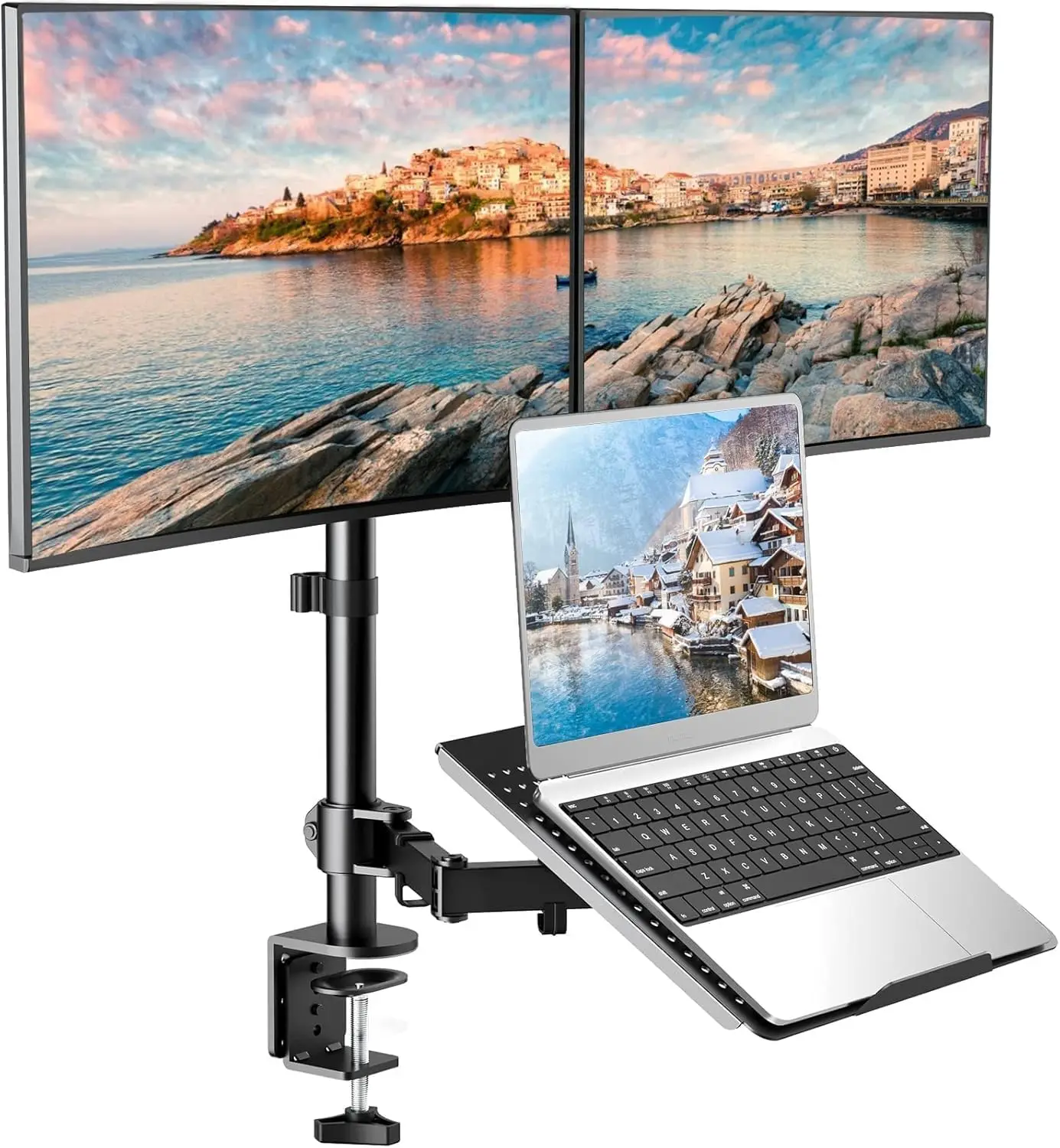 Dual Monitor Mount with Laptop Tray, Adjustable for 13-27" Screens & 10-17" Laptops, Full Motion, Space-Saving