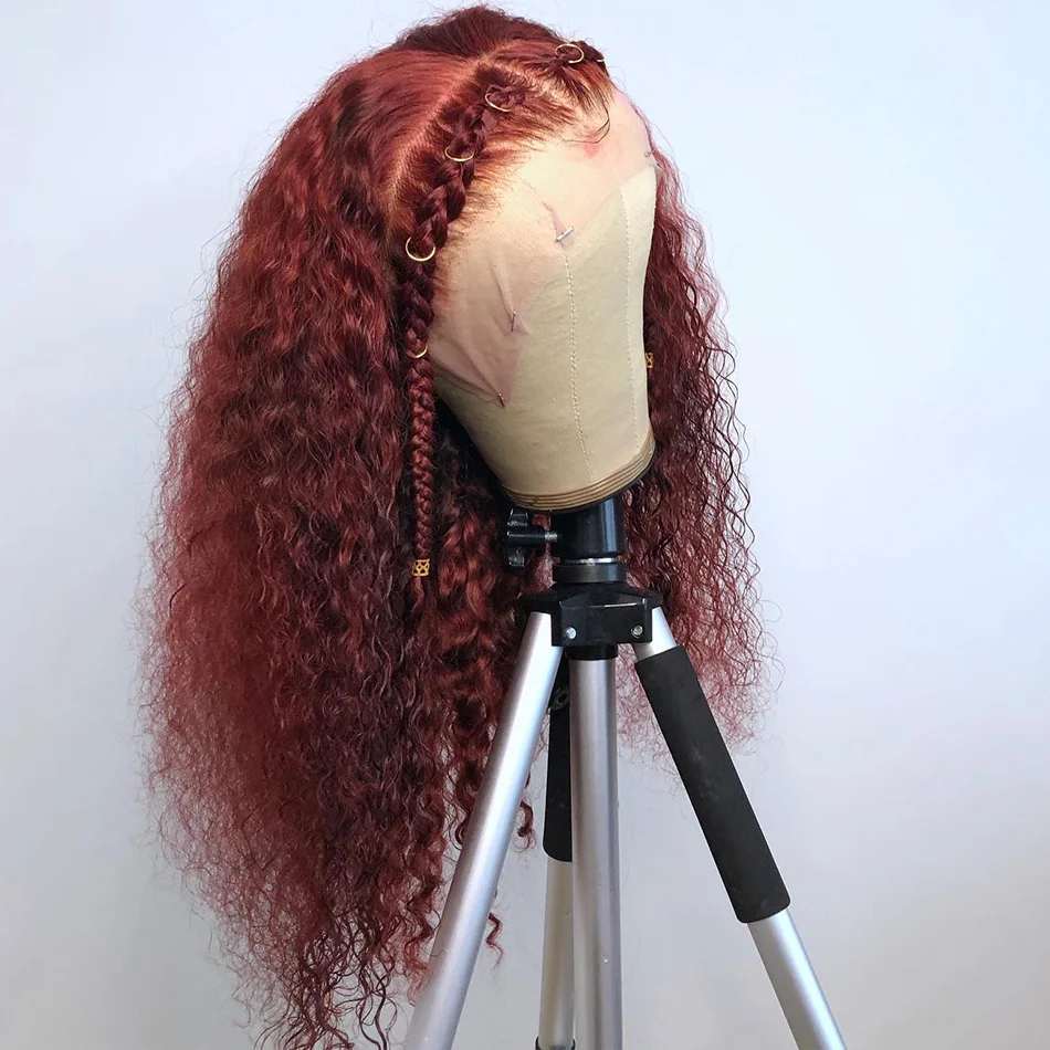 

180Density Burgundy Soft 26Long Kinky Curly 99j Lace Front Wig For Black Women BabyHair Glueless Preplucked Heat Resistant Daily