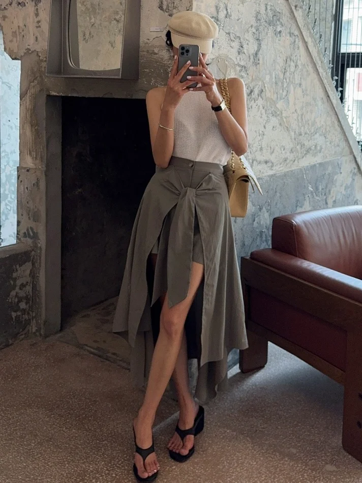 Asymmetrical Tied Slit Apron Hem Midi Skirt Women's Fashion Design Spring Summer High Waist  Color Long Skirt
