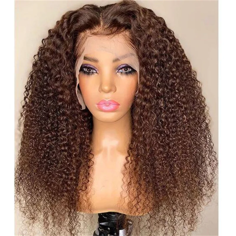 Perruque Lace Front Kinky Curly pour femmes noires, cheveux de bébé, délié naturel pré-plumé, doux, long, brun, densité 180, 26"