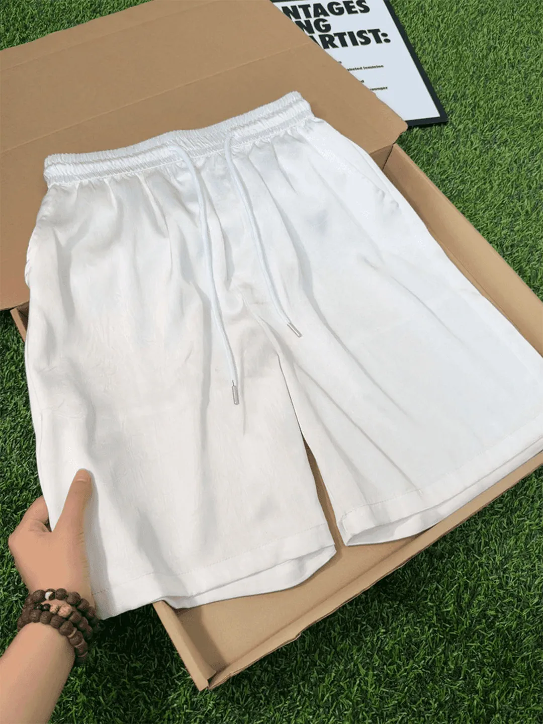 Summer Thin Ice Silk Texture Satin Men's Shorts Casual Loose Fit Elastic Waist Straight Leg Five-Quarter Length Breathable Co...