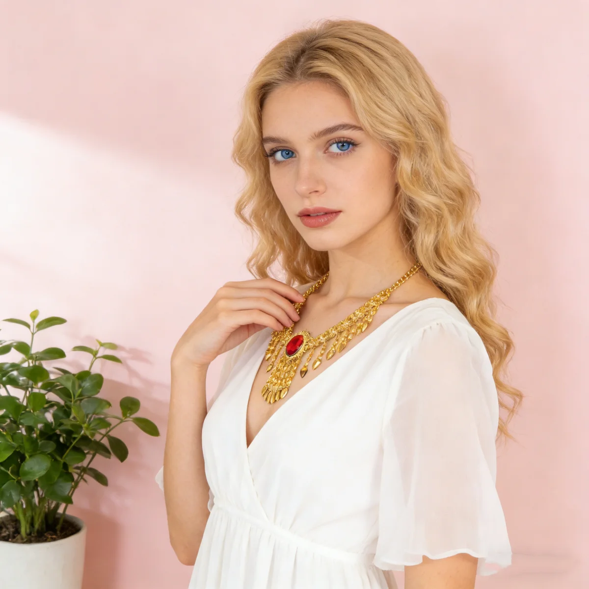 

Shiny Gold Plated Metal Necklace with Red Bud Tassel Fashionable Ladies Jewelry Wedding Holiday Gift