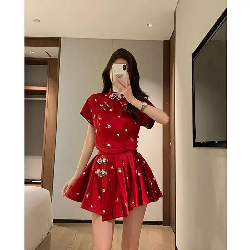 

New Chinese Style Red Women Suit Stand Neck Short Sleeve Slim Button up Top Half Short Skirt Set Summer Vintage Two Piece Set