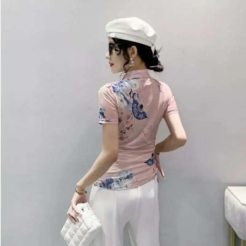 #5634 Print Vintage Short T Shirt Women Stand Collar Buttons Sexy Tight Hollow Out Tee Shirt Femme Short Sleeve Hollow Out