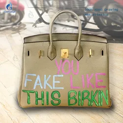 Hand Draw English you Customize Art Bag For women Handbags Designer Shoulder Bag 100% Genuine Leather Unique personality Fashion