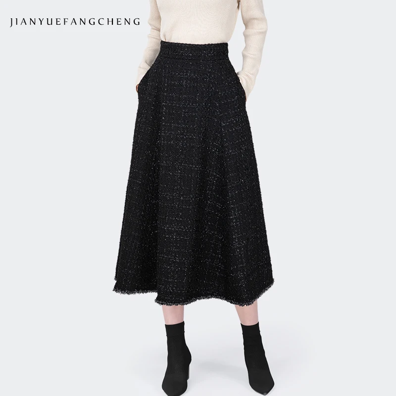 Fashion Blended Black Coarse Woolen Skirt For Autumn Winter Seasons High Waist A-line Female Plaid Long Skirts