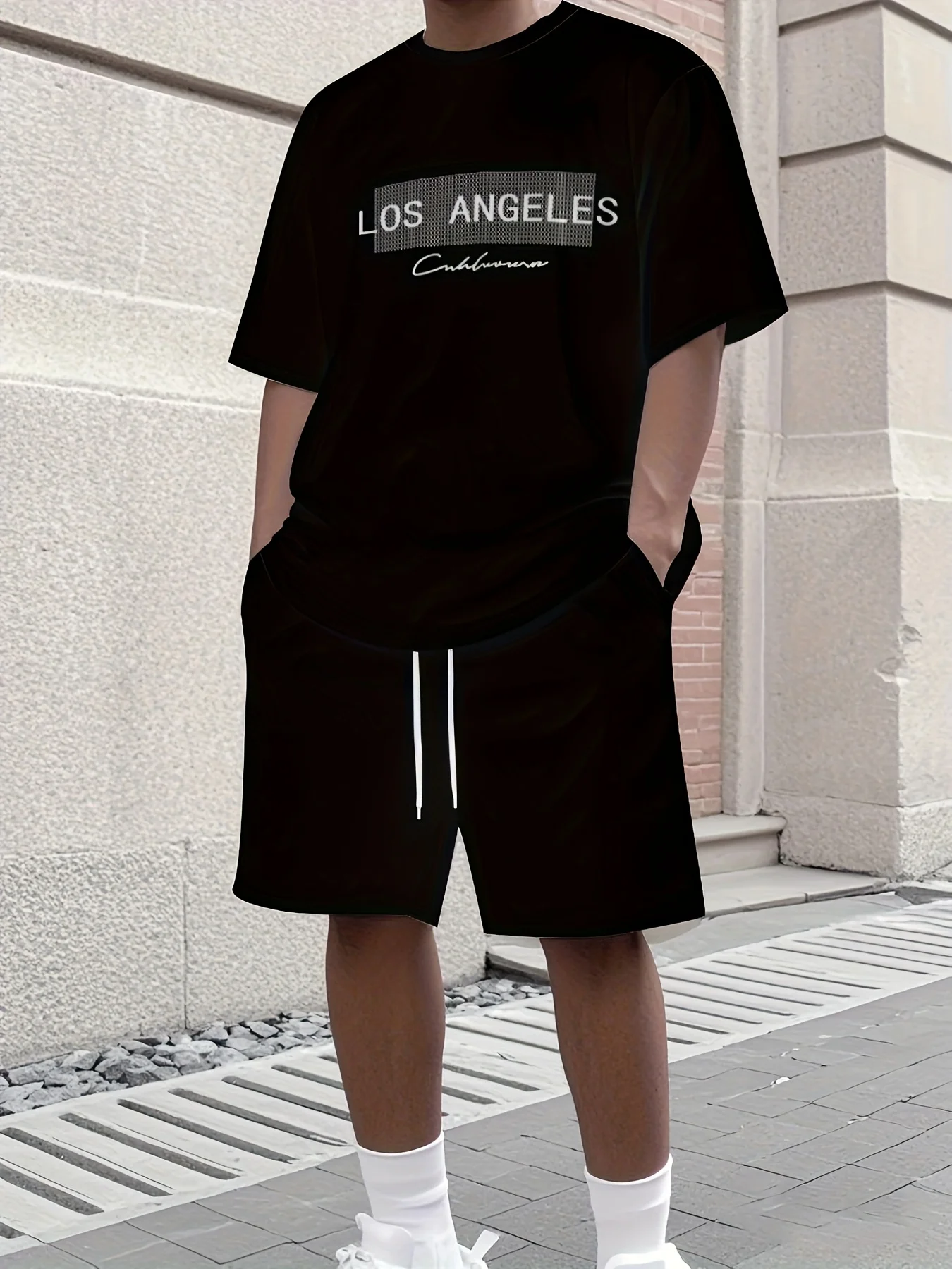 

Summer 2025 new men's Set: Casual and fashionable, letter print, round neck, polyester fiber, machine washable, comfortable, sof
