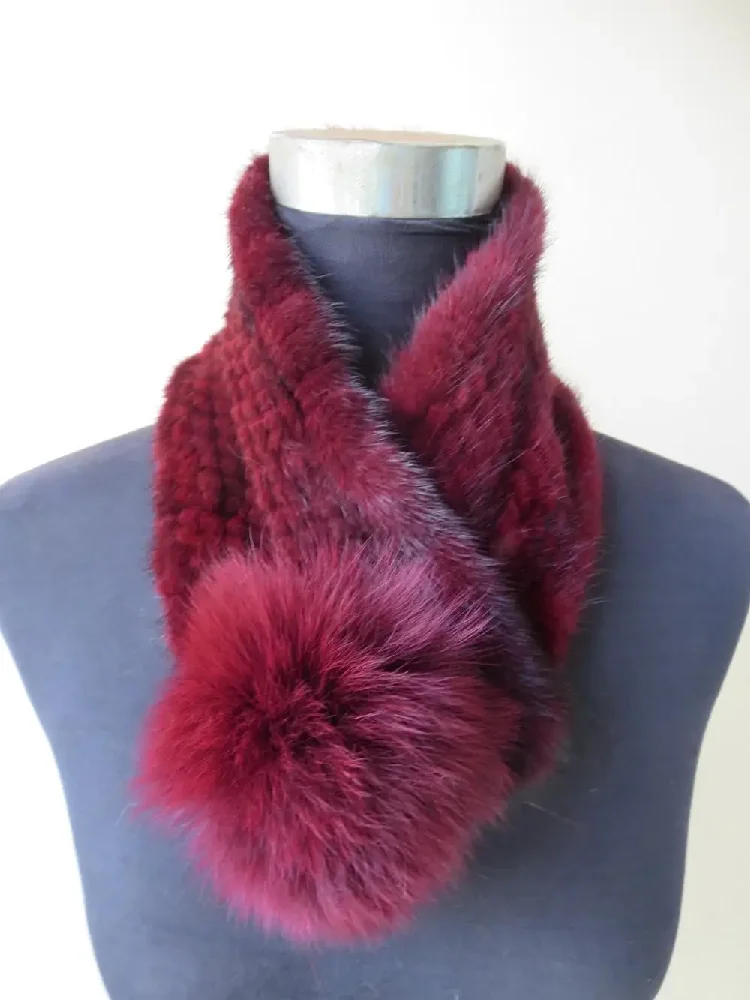 Women's Real Mink Fur Scarf With a Fox Fur Ball Lady's Winter Warm Neckerchief Wine Red Black Brown