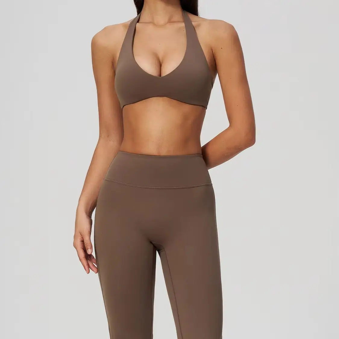 2PCS Yoga Set Women Fitness Set Tracksuit Neck Hanging Bra Exposed Back Top High Elasticity Flared Pant Set Female Training Suit
