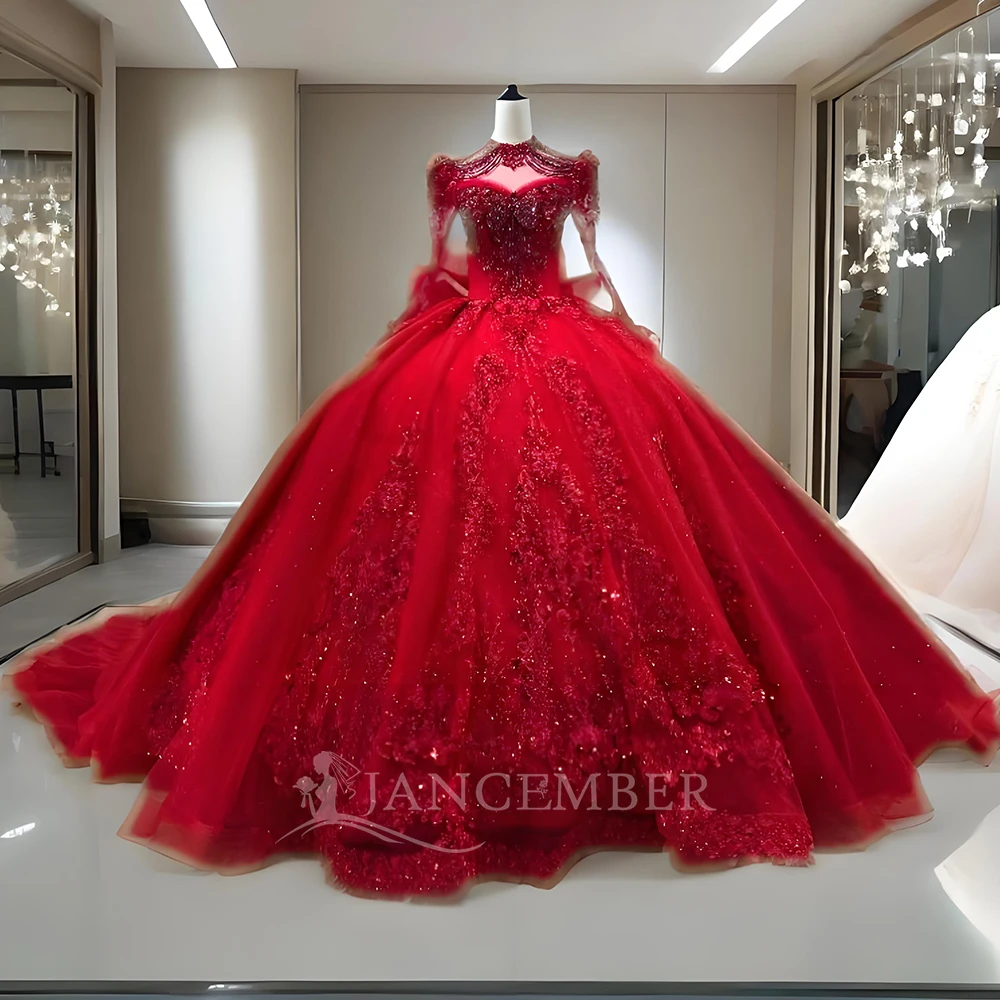 

Customized Romantic High Neck Bridal Dress Sparkly Sequins Pearls Wedding Gown Luxury Ball Gown Long Bride vestido de novia