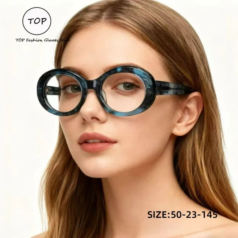 

Винтажная овальная оправа для очков, синий, черный узор, оптические очки для женщин и мужчин, стильная оправа для очков по рецепту, очки