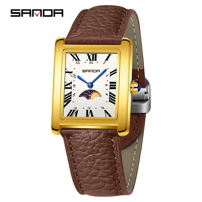 SANDA women's watch moon phase two-pin waterproof women's watch solid steel belt commuter hot-selling quartz watch
