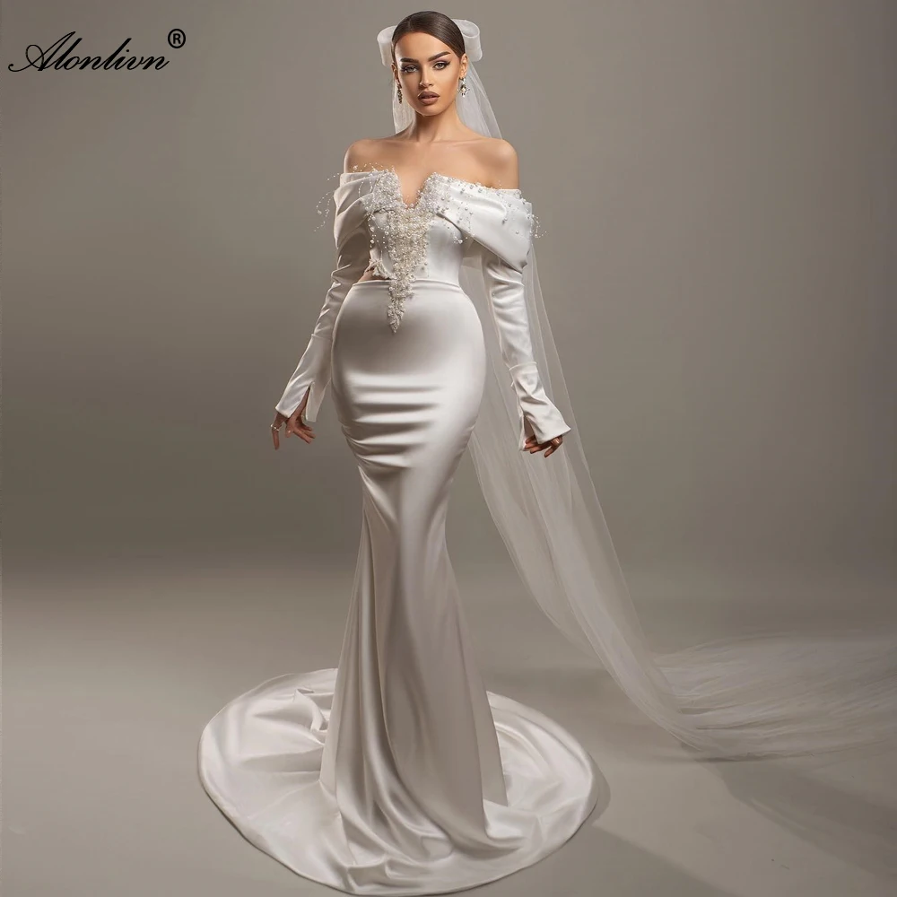 Alonlivn Customize Made Delicate Beading Pearls Mermaid Wedding Dress With Off Shoulder Full Sleeves Trumpet Bridal Gowns