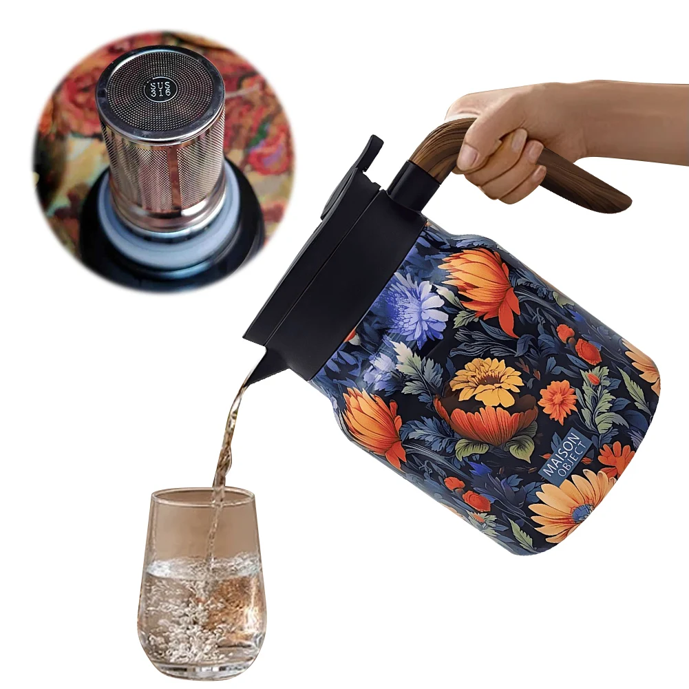 

1000ml Floral Pattern Teapot Stainless Steel Mini Hot Coffee Pot Built-in Infuser Tea Separation Water Bottle for Hot Drinks