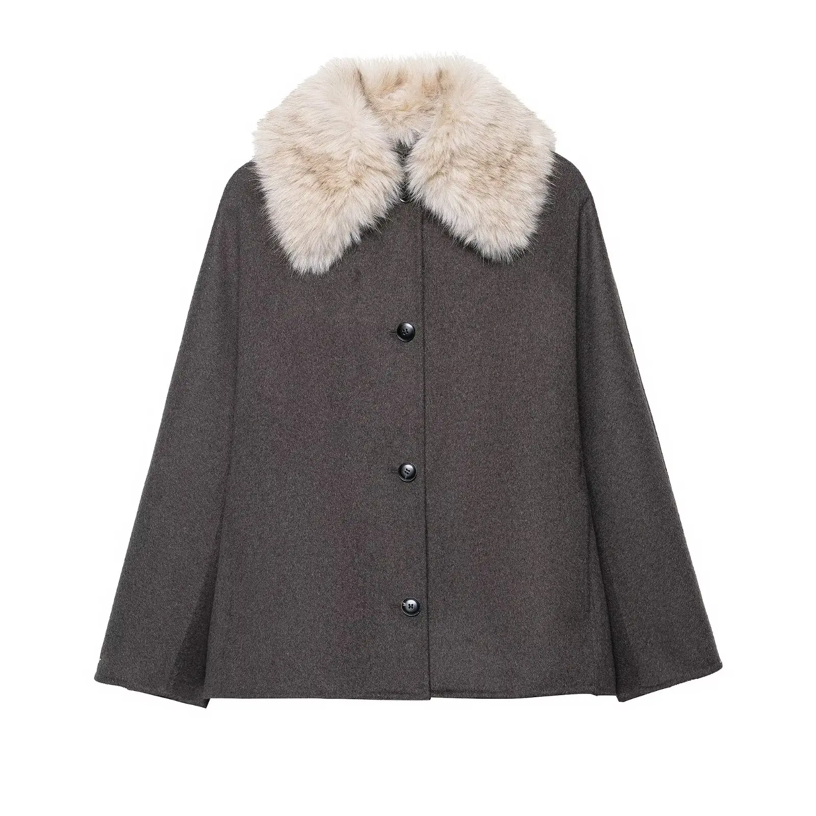 

2025 New Fall Fashion Commuter Coat for Women Faux Fur Collar Full-Length Sleeves Single-Breasted Button-Up Loose-Fit Outerwear