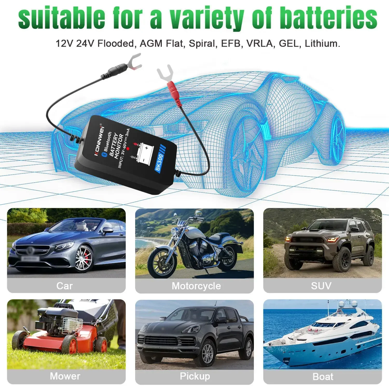 KONNWEI BK300 Bluetooth Car Battery Monitor 12V 24V Waveform Battery Tester Charging Cranking Test Tool For Ios Android