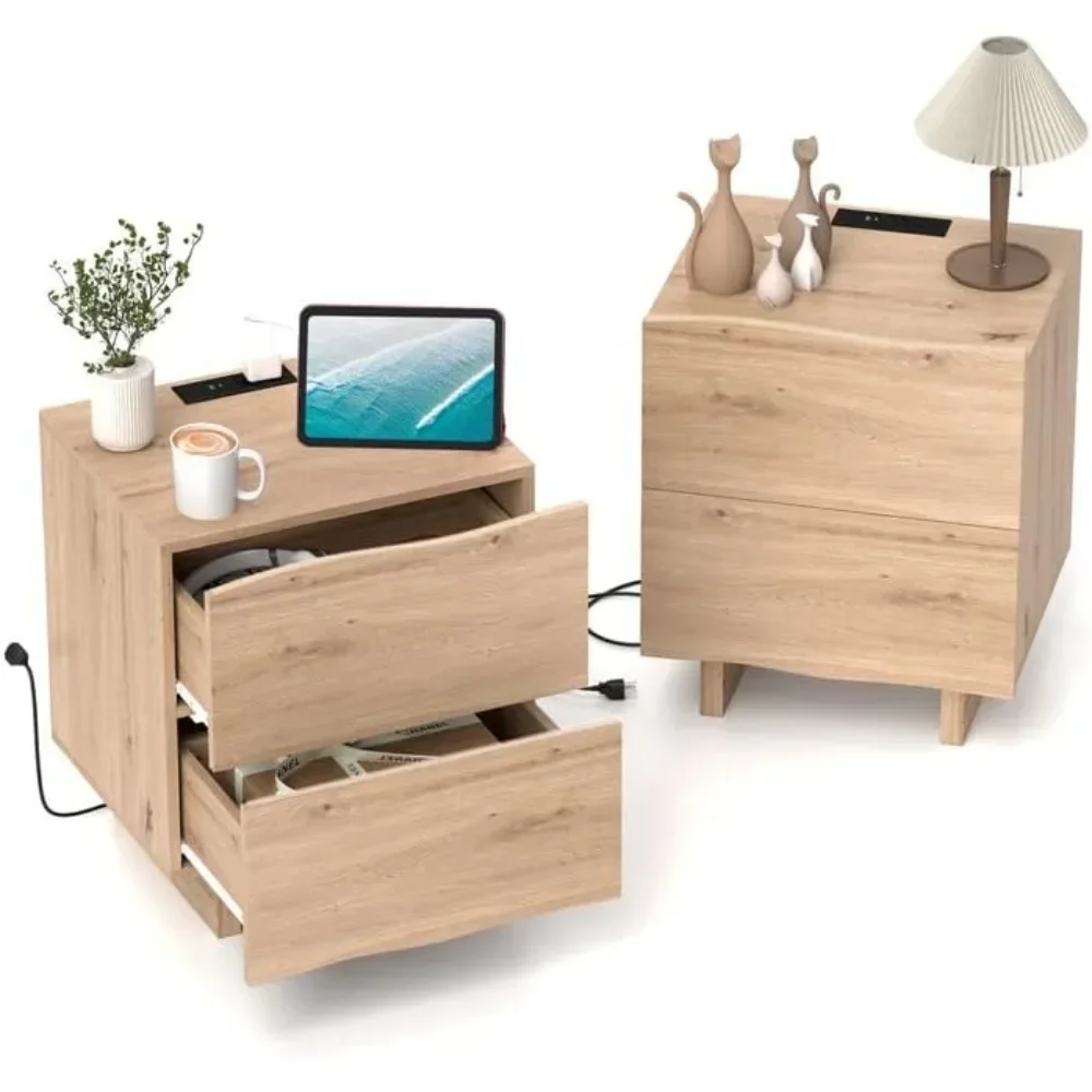 

Night Stand with Charging Station, with 2 Large Drawers Wood Bedside Table