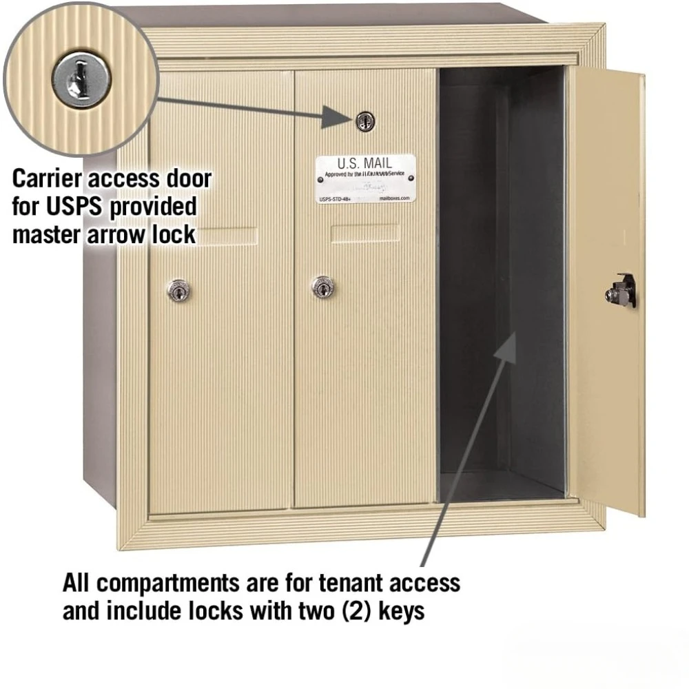 Recessed Mounted Vertical Mailbox for use with USPS Lock, 3 Doors, Sandstone