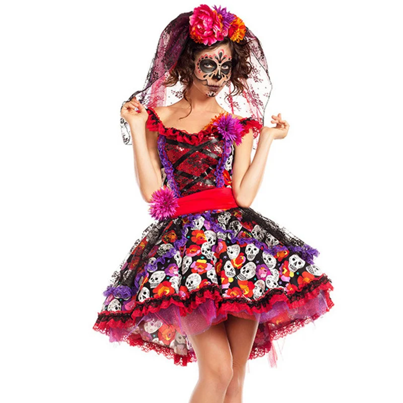 Carnival Halloween Lady Mexico Day Of The Dead Corpse Bride Costume Horror Skull Skeleton Bone Ghost Cosplay Fancy Party Dress