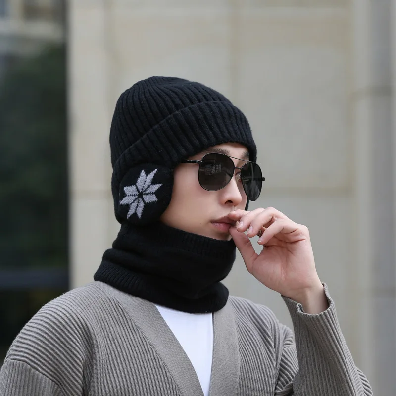 Outdoor Men Winter Knitted Hat Plush Warmth Peaked Cap Earmuff Casual Fashion Faux Fur Lined Bomber Hats Cycling Ear Protection