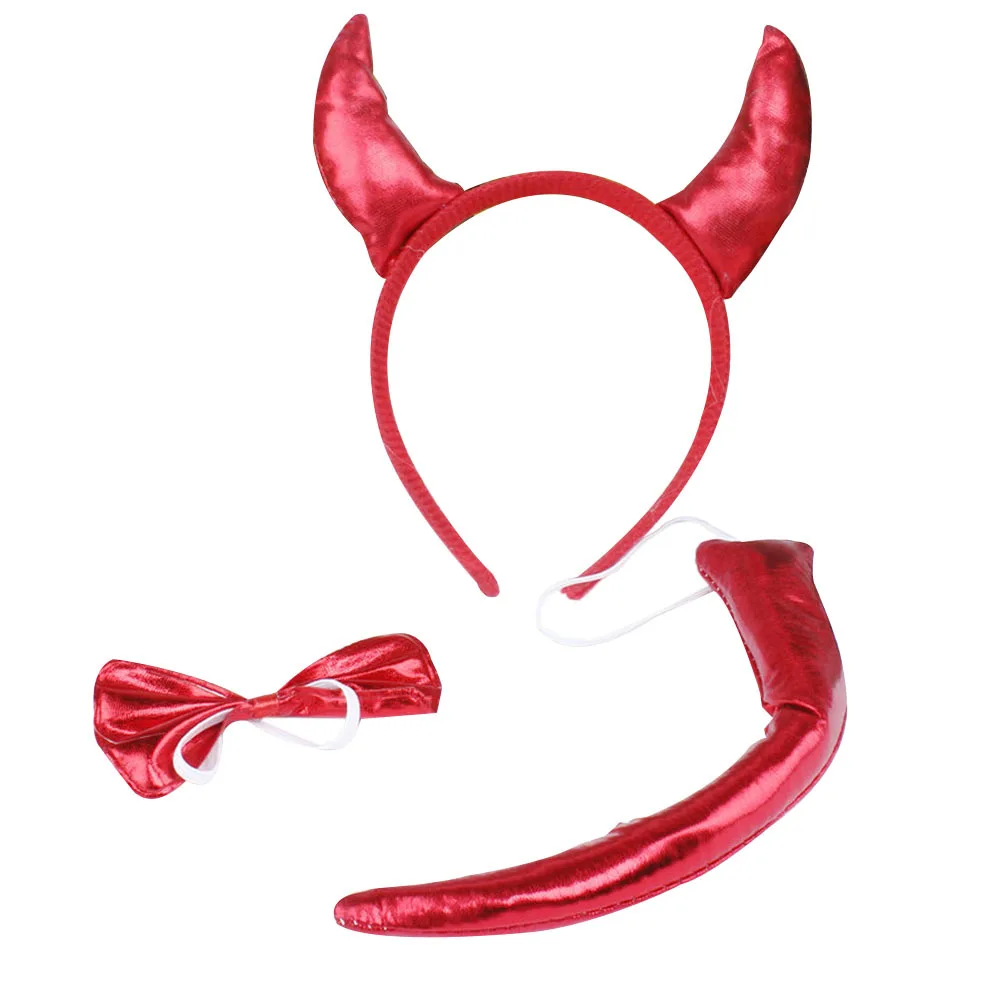 3Pcs Horned Headdress Costume Set Lightweight Headband Bow Tail Halloween Party Cosplay Kids Adults Party Accessory