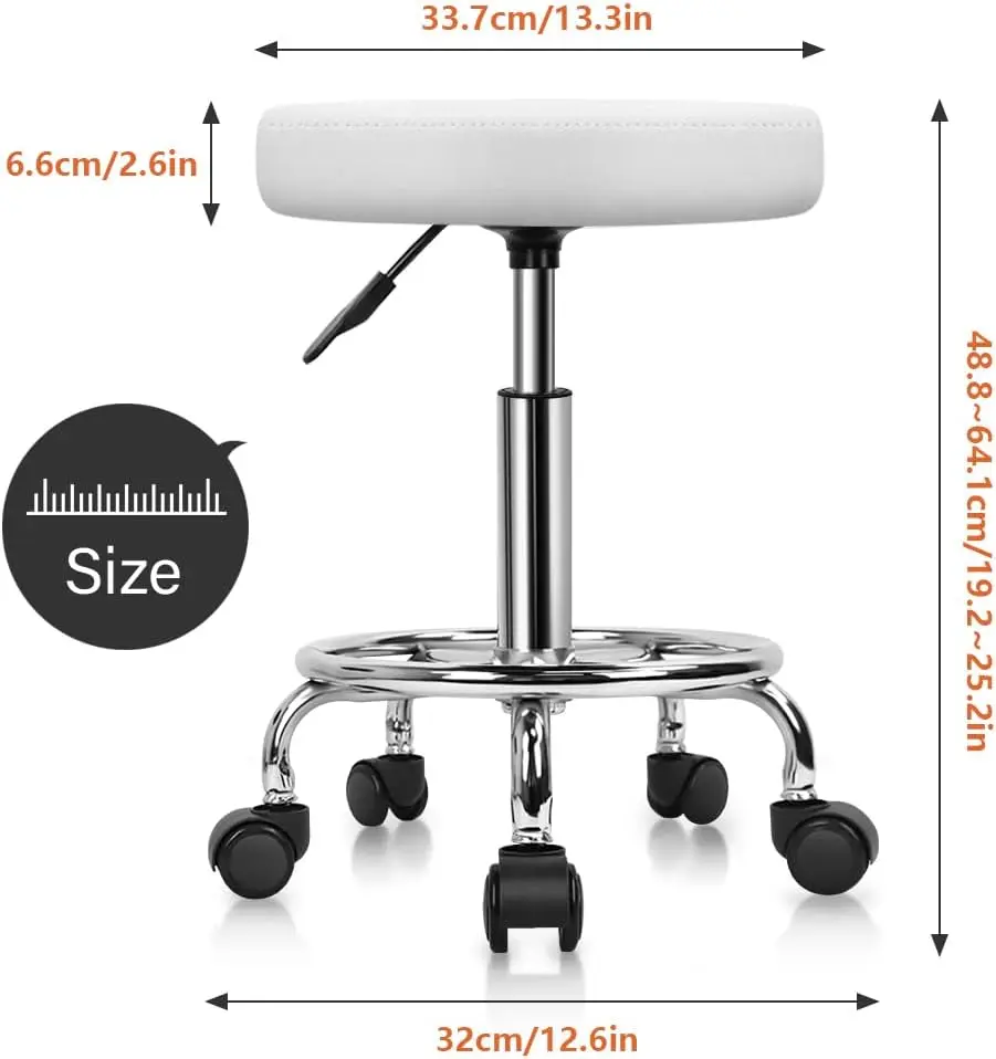PU Leather Round Rolling Stool with Foot Rest Swivel Height Adjustment Stools Task Chair Small (White)