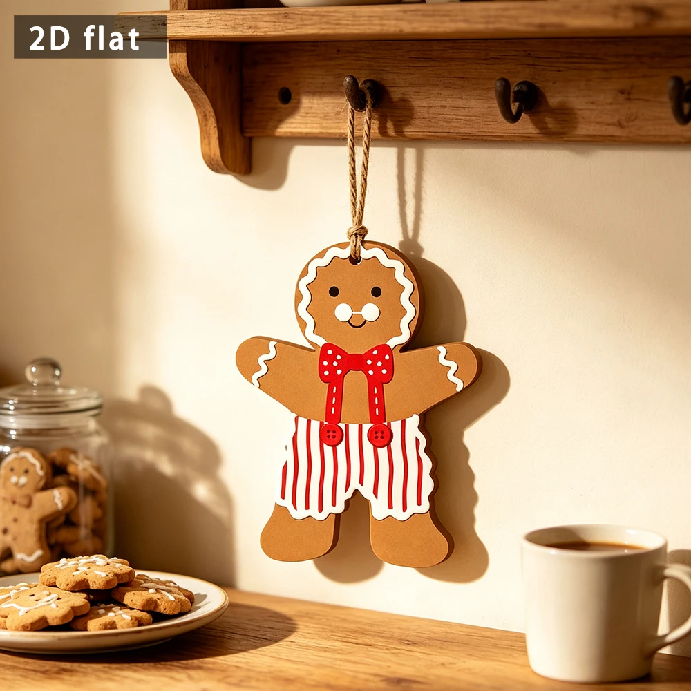 Wooden Christmas Gingerbread Man Hanging Ornament, 2D Flat Xmas Gingerbread Sign, Christmas Tree Wall Hanging Decor Plaque