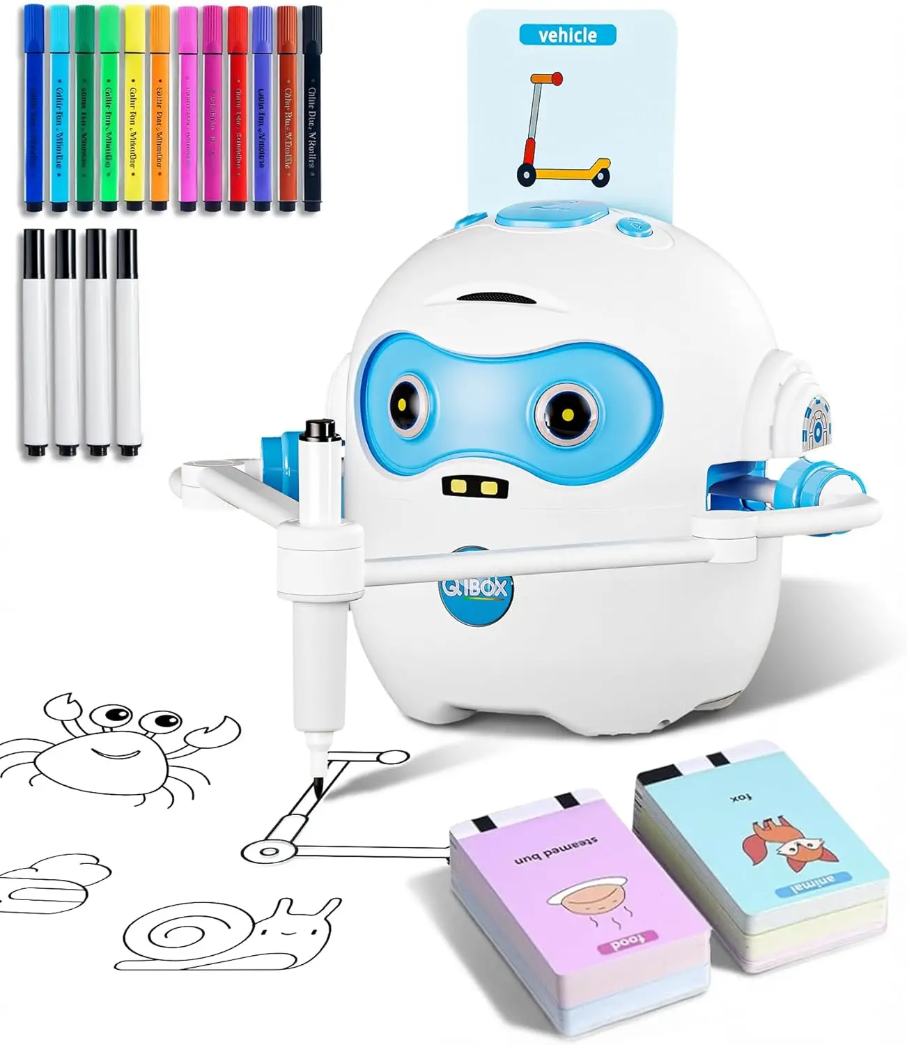 

Перезаряжаемый робот-художник 4-в-1 для детей с 100 карточками и ручками, развивающая игрушка для детей 3-8 лет