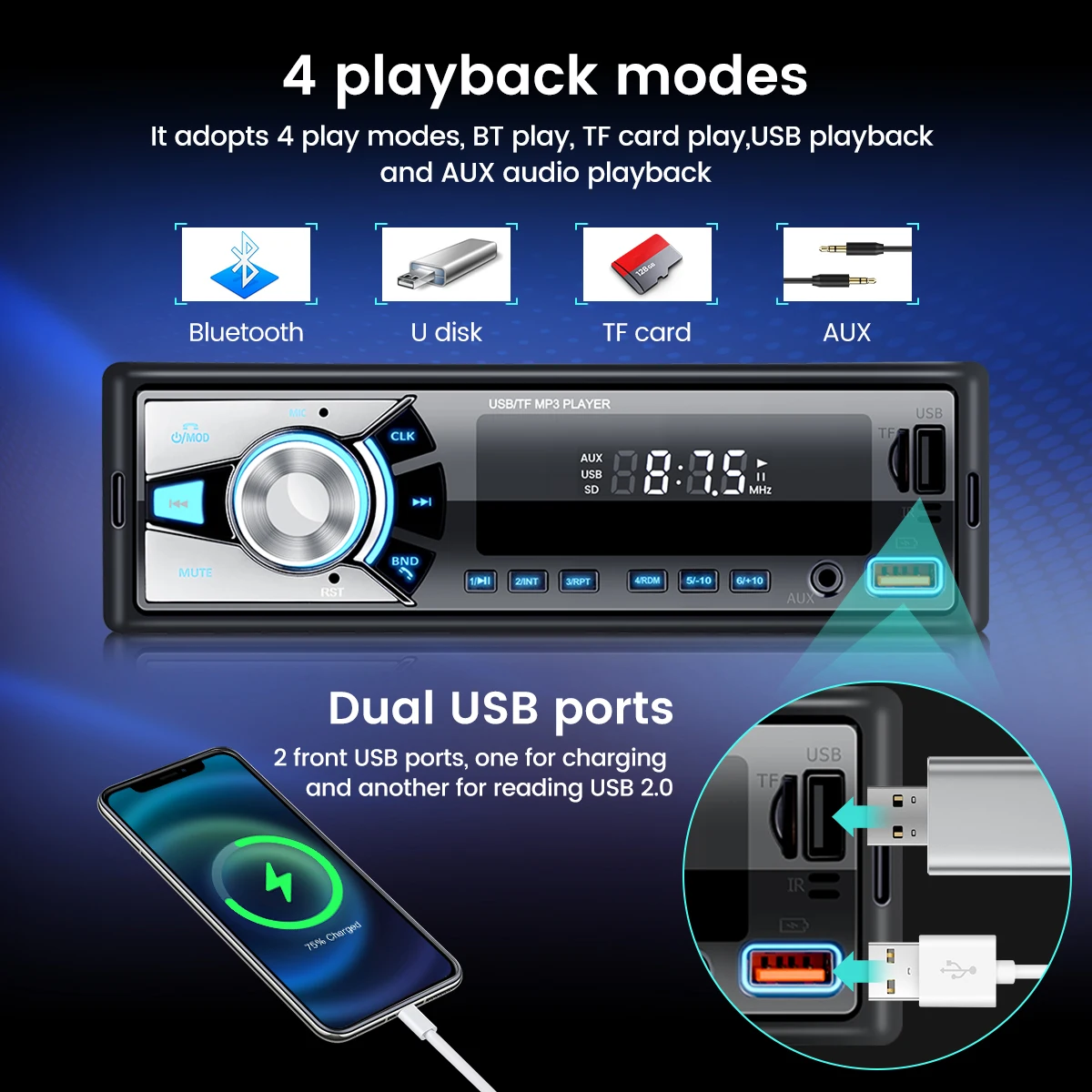 1 din Autoradio Bluetooth MP3-Player Autoradio FM Auto Stereo Empfänger Autos Universal Player Aux/USB/TF-Karte im Dash Kit