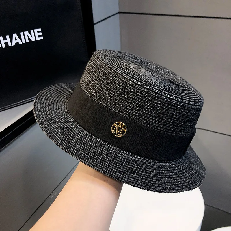 Women French Flat Top Straw Hat Elegant Ladies Sun Hat Beach Vacation Anti-UV Shading Summer Fashion Headwear 6