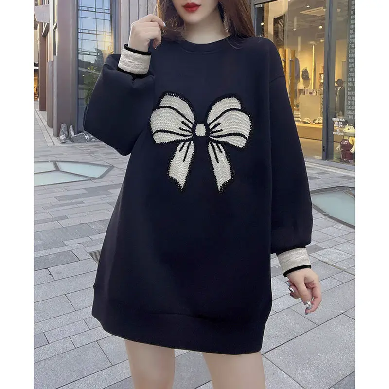 Femme Embroidered Sweatshirts 2023 Fashion Loose Long Sleeve Pullovers New Solid Color Oversized Women\'s Clothing O-neck Dresses