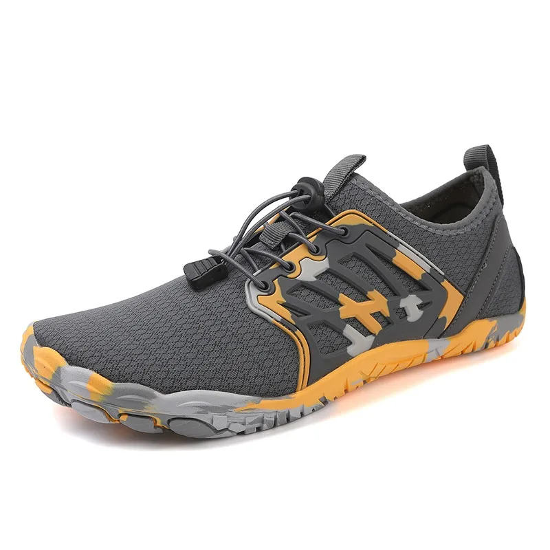 

Men Gray Orange Barefoot Water Shoes, Quick Lace Lock, Breathable Mesh Non Slip Sole For Hiking Beach Swim Outdoor Sports
