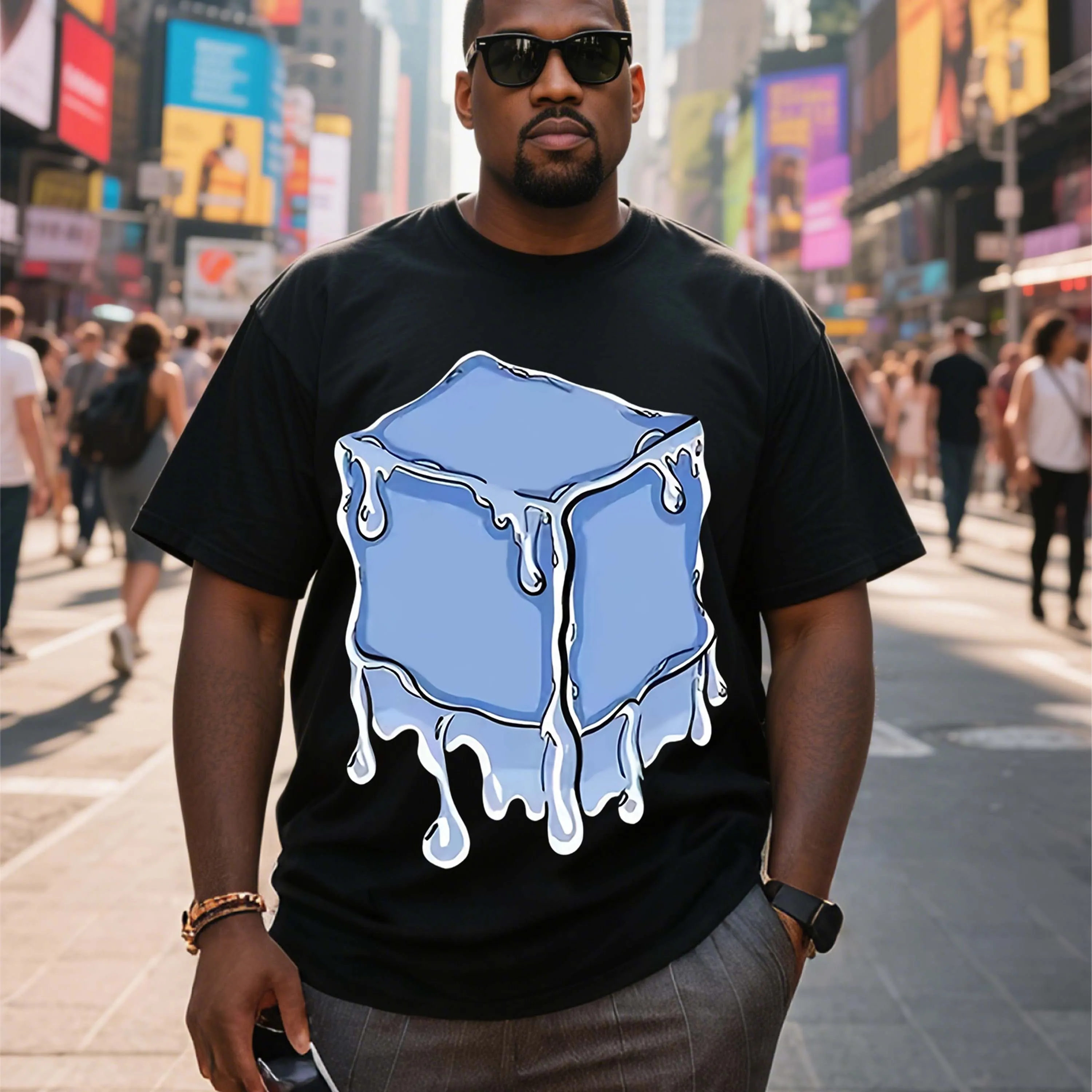 

Черная футболка больших размеров с синим рисунком кубика льда, подходящая для летней одежды для отдыха на открытом воздухе